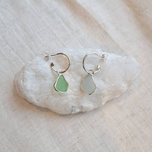 Load image into Gallery viewer, Sea Glass Charm Hoops - Small Green & Pale Blue Mismatch Cornish Sea Glass