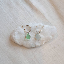 Load image into Gallery viewer, Sea Glass Charm Hoops - Small Green & Pale Blue Mismatch Cornish Sea Glass