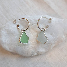 Load image into Gallery viewer, Sea Glass Charm Hoops - Small Green & Pale Blue Mismatch Cornish Sea Glass