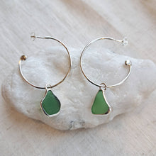 Load image into Gallery viewer, Sea Glass Charm Hoops - Large Green Cornish Sea Glass