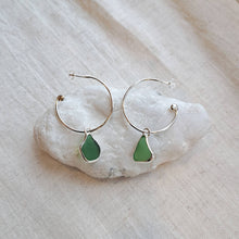 Load image into Gallery viewer, Sea Glass Charm Hoops - Large Green Cornish Sea Glass
