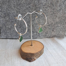 Load image into Gallery viewer, Sea Glass Charm Hoops - Large Green Cornish Sea Glass