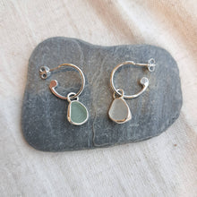 Load image into Gallery viewer, Sea Glass Charm Hoops - Small Green & White Mismatch Cornish Sea Glass