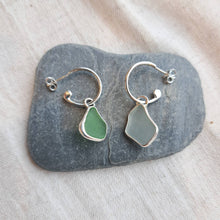 Load image into Gallery viewer, Sea Glass Charm Hoops - Small Green & Pale Blue Mismatch Cornish Sea Glass