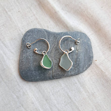 Load image into Gallery viewer, Sea Glass Charm Hoops - Small Green & Pale Blue Mismatch Cornish Sea Glass