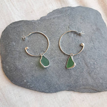 Load image into Gallery viewer, Sea Glass Charm Hoops - Large Green Cornish Sea Glass
