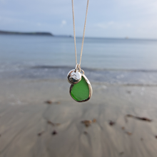 Load image into Gallery viewer, Emerald Green Sea Glass & Crashing Wave Pebble Necklace | Cornish Sea Glass Treasure Necklace