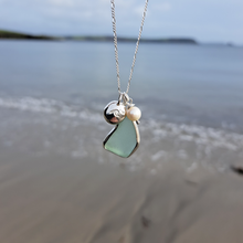 Load image into Gallery viewer, Aqua Sea Glass, Freshwater Pearl & Crashing Wave Pebble Necklace | Cornish Sea Glass Treasure Necklace