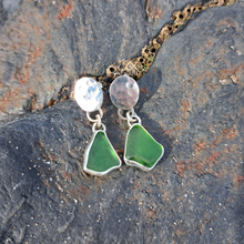 Load image into Gallery viewer, Emerald Green Sea Glass & Silver Hammered Oval Drop Earrings
