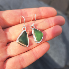 Load image into Gallery viewer, Green Sea Glass Drop Earrings with Wave & Star Back Detail