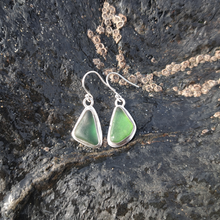 Load image into Gallery viewer, Green Sea Glass Drop Earrings with Wave & Star Back Detail