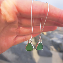 Load image into Gallery viewer, Green Cornish Sea Glass & Silver Drop Long Hooks