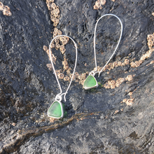 Load image into Gallery viewer, Green Cornish Sea Glass & Silver Drop Long Hooks