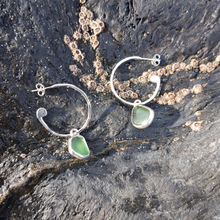Load image into Gallery viewer, Sea Glass Charm Hoops - Medium Green & Teal Mismatch Cornish Sea Glass