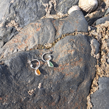 Load image into Gallery viewer, Sea Glass Charm Hoops - Small Orange & Blue Mismatch Cornish Sea Glass