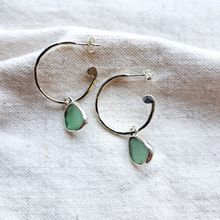 Load image into Gallery viewer, Sea Glass Charm Hoops - Medium Green & Teal Mismatch Cornish Sea Glass