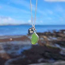 Load image into Gallery viewer, Mini Bottle Green Sea Glass & Recycled Silver Love Hearts Necklace | Cornish Sea Glass Treasure Necklace