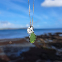 Load image into Gallery viewer, Mini Bottle Green Sea Glass & Recycled Silver Love Hearts Necklace | Cornish Sea Glass Treasure Necklace