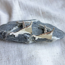 Load image into Gallery viewer, Handmade silver cornish map cufflinks with hammered texture, on slate stone
