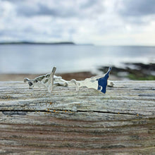 Load image into Gallery viewer, Cornwall cufflinks, Cornish map silver cufflinks on wood overlooking Portscatho beach
