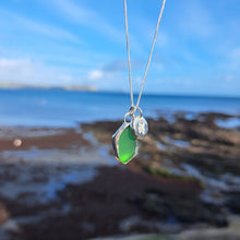 Load image into Gallery viewer, Emerald Green Sea Glass & Crossbones Pebble Necklace | Cornish Sea Glass Treasure Necklace