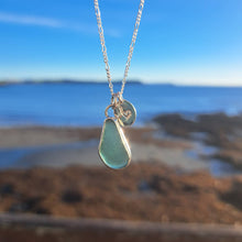 Load image into Gallery viewer, Teal Sea Glass & Recycled Silver Love Hearts Necklace | Cornish Sea Glass Treasure Necklace