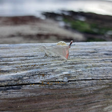Load image into Gallery viewer, Hammered texture on silver Cornwall tie pin brooch on wooden table, Portscatho beach in background