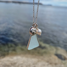 Load image into Gallery viewer, Aqua Sea Glass, Freshwater Pearl & Crashing Wave Pebble Necklace | Cornish Sea Glass Treasure Necklace