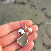 Load image into Gallery viewer, Aqua Sea Glass, Freshwater Pearl & Crashing Wave Pebble Necklace | Cornish Sea Glass Treasure Necklace