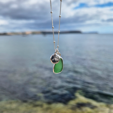 Load image into Gallery viewer, Mini Green Sea Glass & Crashing Wave Pebble Necklace | Cornish Sea Glass Treasure Necklace