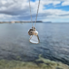 Load image into Gallery viewer, Frosted White Sea Glass, Freshwater Pearl & Radiant Heart Pebble Necklace | Cornish Sea Glass Treasure Necklace
