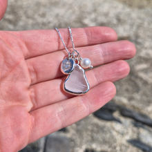 Load image into Gallery viewer, Frosted White Sea Glass, Freshwater Pearl & Radiant Heart Pebble Necklace | Cornish Sea Glass Treasure Necklace