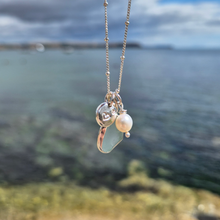 Load image into Gallery viewer, Small Aqua Sea Glass, Freshwater Pearl & Double Heart Pebble Necklace | Cornish Sea Glass Treasure Necklace