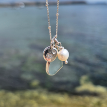 Load image into Gallery viewer, Small Aqua Sea Glass, Freshwater Pearl & Double Heart Pebble Necklace | Cornish Sea Glass Treasure Necklace