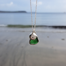 Load image into Gallery viewer, Bottle Green Sea Glass & Radiant Heart Pebble Necklace | Cornish Sea Glass Treasure Necklace