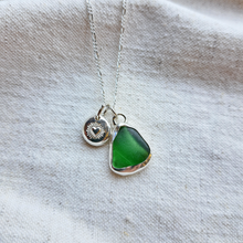 Load image into Gallery viewer, Bottle Green Sea Glass & Radiant Heart Pebble Necklace | Cornish Sea Glass Treasure Necklace