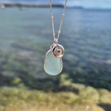 Load image into Gallery viewer, Aqua Sea Glass & Shining Heart Pebble Necklace | Cornish Sea Glass Treasure Necklace