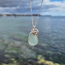 Load image into Gallery viewer, Aqua Sea Glass & Shining Heart Pebble Necklace | Cornish Sea Glass Treasure Necklace