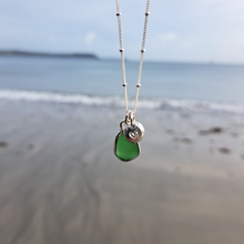Load image into Gallery viewer, Mini Bottle Green Sea Glass & Love Heart Pebble Necklace | Cornish Sea Glass Treasure Necklace