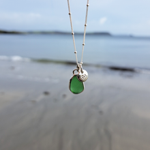 Load image into Gallery viewer, Mini Bottle Green Sea Glass & Love Heart Pebble Necklace | Cornish Sea Glass Treasure Necklace