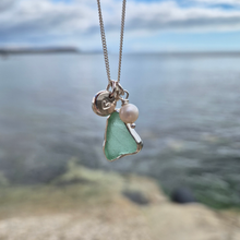 Load image into Gallery viewer, Sea Green Sea Glass, Freshwater Pearl & Mini Heart Pebble Necklace | Cornish Sea Glass Treasure Necklace