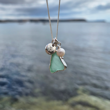 Load image into Gallery viewer, Sea Green Sea Glass, Freshwater Pearl & Mini Heart Pebble Necklace | Cornish Sea Glass Treasure Necklace