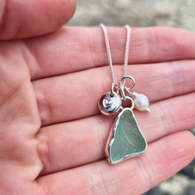 Load image into Gallery viewer, Sea Green Sea Glass, Freshwater Pearl & Mini Heart Pebble Necklace | Cornish Sea Glass Treasure Necklace