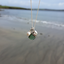 Load image into Gallery viewer, Teal Green Sea Glass, Freshwater Pearl & Mini Wave Pebble Necklace | Cornish Sea Glass Treasure Necklace