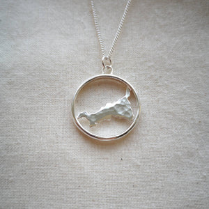 Textured Cornwall map pendant inside sustainable recycled silver hoop