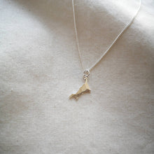 Load image into Gallery viewer, Cornwall map necklace, textured recycled sustainable silver on chain, on calico natural fabric