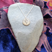 Load image into Gallery viewer, Lightning bolt coin necklace, inspired by David Bowie with ‘I absolutely love you’ stamped on back