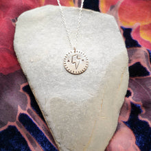 Load image into Gallery viewer, Recycled silver handmade love token necklace, engraved with Bowie lightning bolt and personalised with initials