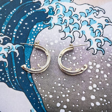 Load image into Gallery viewer, Ocean wave recycled eco friendly silver hoop earrings, on background of The Great Wave of Kanagawa 
