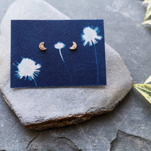 Load image into Gallery viewer, Recycled silver mini half crescent moon stud earrings on blue cyanotype dandelion eco card
